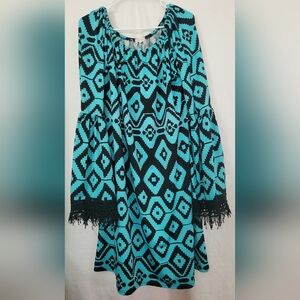Elegant Black and Blue Geometric Dress Lady's World Size XXL plus Fringe